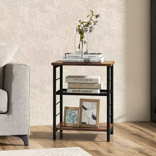 Costway 2 PCS 3-Tier Side End Table with Adjustable Mesh Shelf Narrow Nightstand