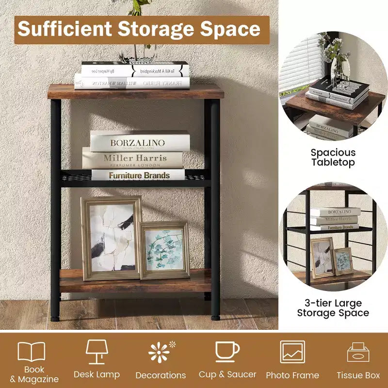 Costway 2 PCS 3-Tier Side End Table with Adjustable Mesh Shelf Narrow Nightstand