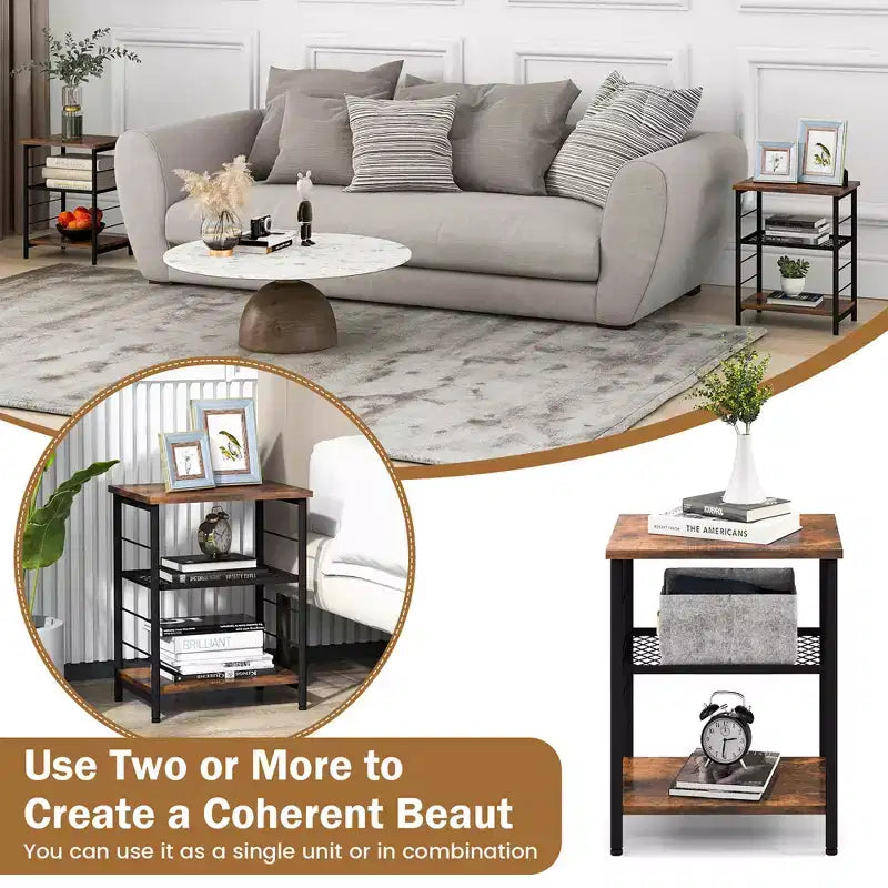 Costway 2 PCS 3-Tier Side End Table with Adjustable Mesh Shelf Narrow Nightstand
