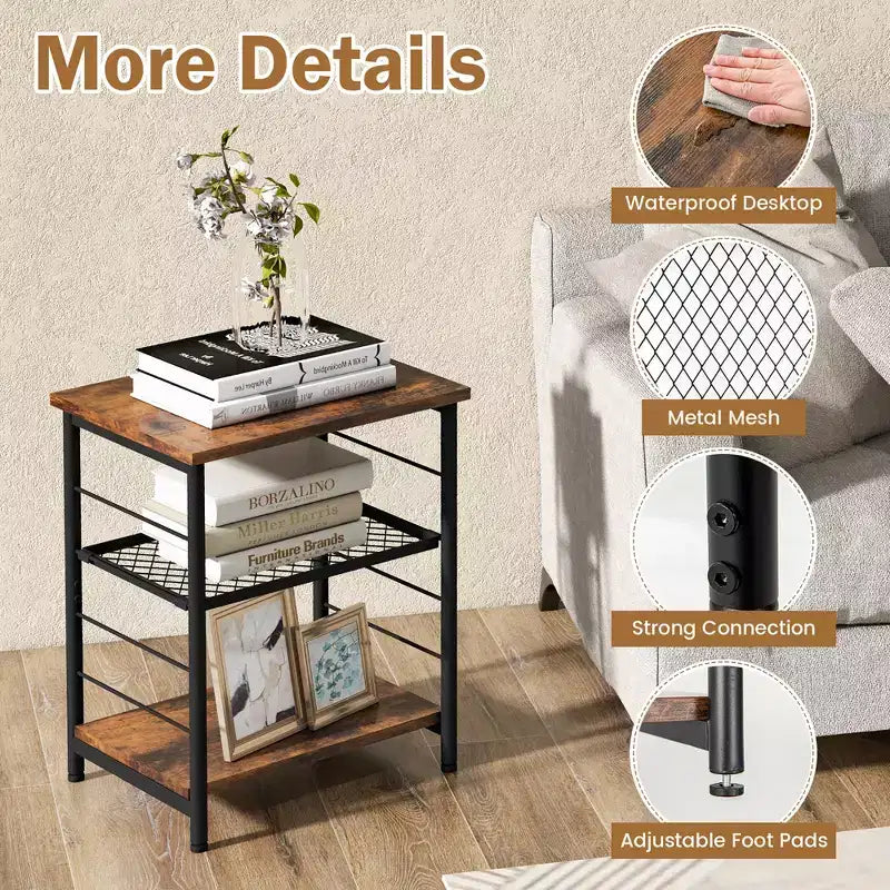 Costway 2 PCS 3-Tier Side End Table with Adjustable Mesh Shelf Narrow Nightstand