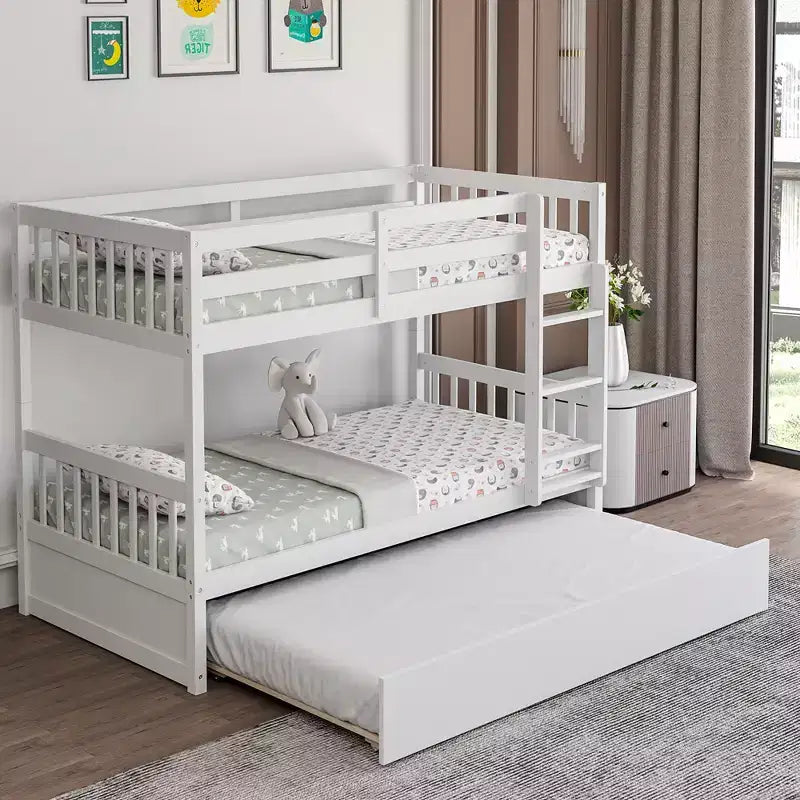 Costway Twin Over Twin Bunk Bed with Twin Trundle Solid Wood Frame Espresso/White