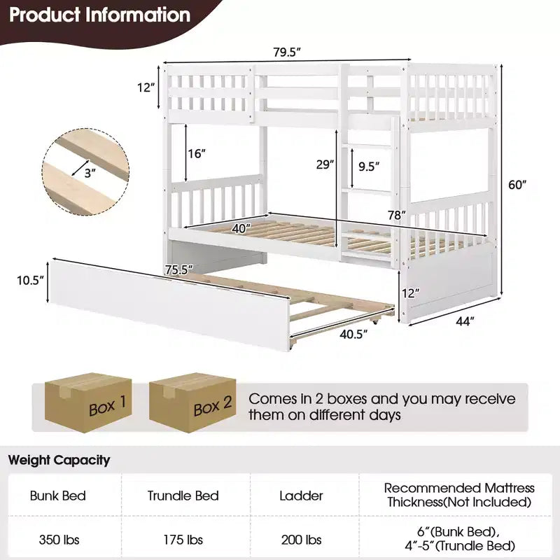 Costway Twin Over Twin Bunk Bed with Twin Trundle Solid Wood Frame Espresso/White