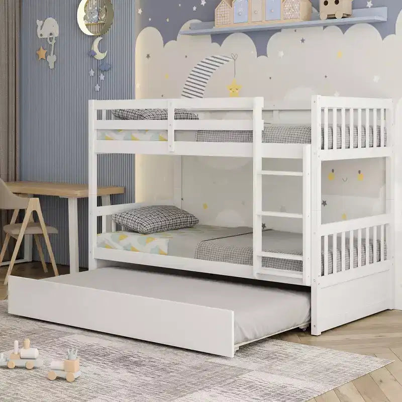 Costway Twin Over Twin Bunk Bed with Twin Trundle Solid Wood Frame Espresso/White