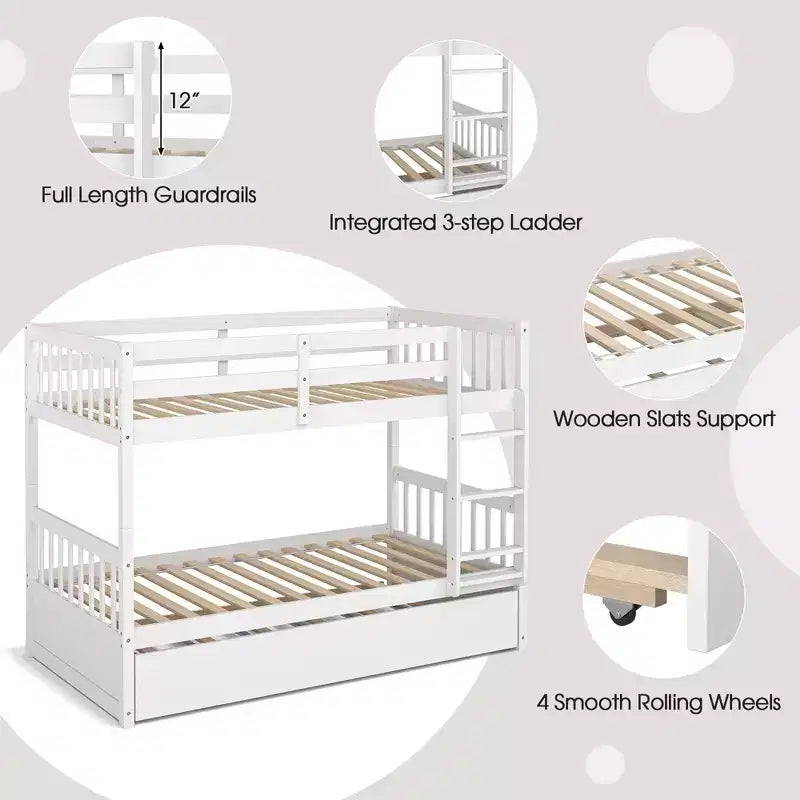 Costway Twin Over Twin Bunk Bed with Twin Trundle Solid Wood Frame Espresso/White