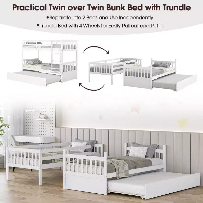 Costway Twin Over Twin Bunk Bed with Twin Trundle Solid Wood Frame Espresso/White