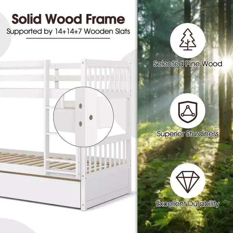 Costway Twin Over Twin Bunk Bed with Twin Trundle Solid Wood Frame Espresso/White