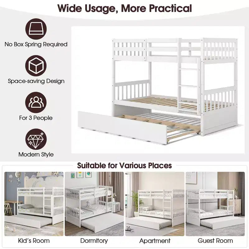 Costway Twin Over Twin Bunk Bed with Twin Trundle Solid Wood Frame Espresso/White