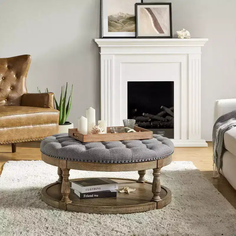 Illyria 36 Wide Transitional Tufted Round Cocktail Ottoman with Storage and Nailhead Trims for Bedroom and Living Room| ART OF LIVING DESIGNS