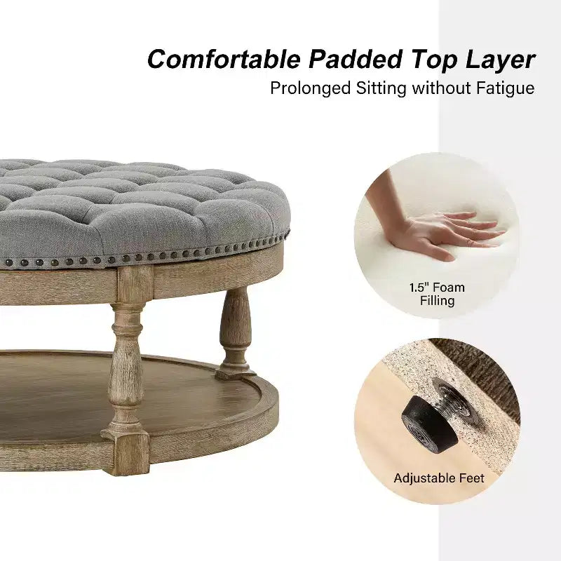 Illyria 36 Wide Transitional Tufted Round Cocktail Ottoman with Storage and Nailhead Trims for Bedroom and Living Room| ART OF LIVING DESIGNS