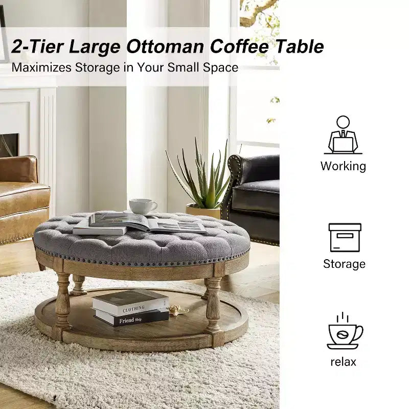 Illyria 36 Wide Transitional Tufted Round Cocktail Ottoman with Storage and Nailhead Trims for Bedroom and Living Room| ART OF LIVING DESIGNS