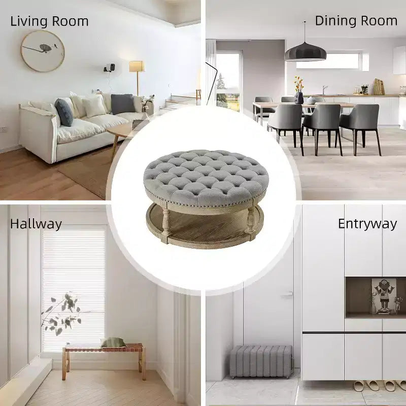 Illyria 36 Wide Transitional Tufted Round Cocktail Ottoman with Storage and Nailhead Trims for Bedroom and Living Room| ART OF LIVING DESIGNS