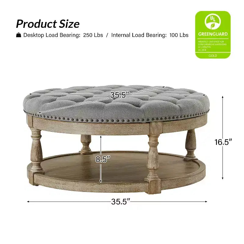 Illyria 36 Wide Transitional Tufted Round Cocktail Ottoman with Storage and Nailhead Trims for Bedroom and Living Room| ART OF LIVING DESIGNS