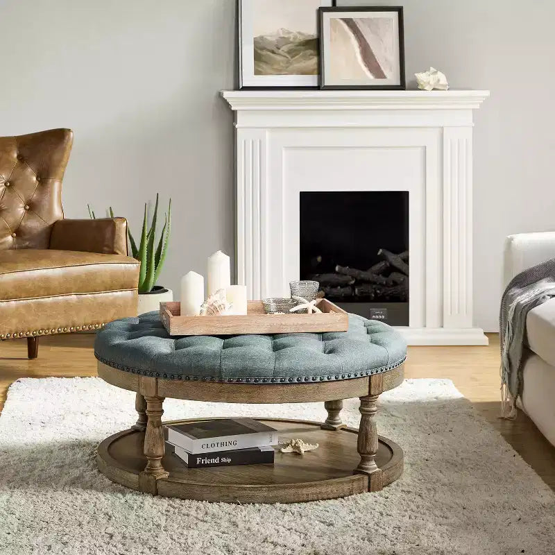 Illyria 36 Wide Transitional Tufted Round Cocktail Ottoman with Storage and Nailhead Trims for Bedroom and Living Room| ART OF LIVING DESIGNS