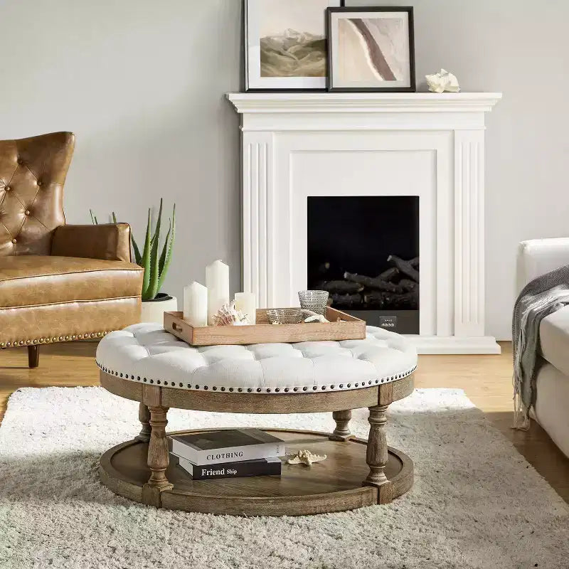 Illyria 36 Wide Transitional Tufted Round Cocktail Ottoman with Storage and Nailhead Trims for Bedroom and Living Room| ART OF LIVING DESIGNS