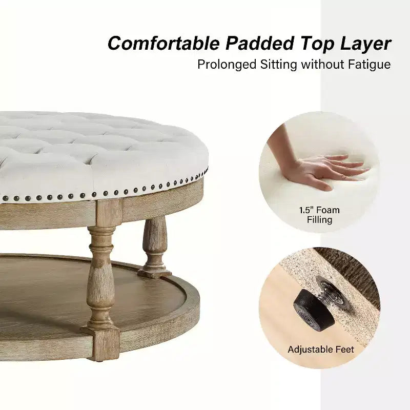 Illyria 36 Wide Transitional Tufted Round Cocktail Ottoman with Storage and Nailhead Trims for Bedroom and Living Room| ART OF LIVING DESIGNS