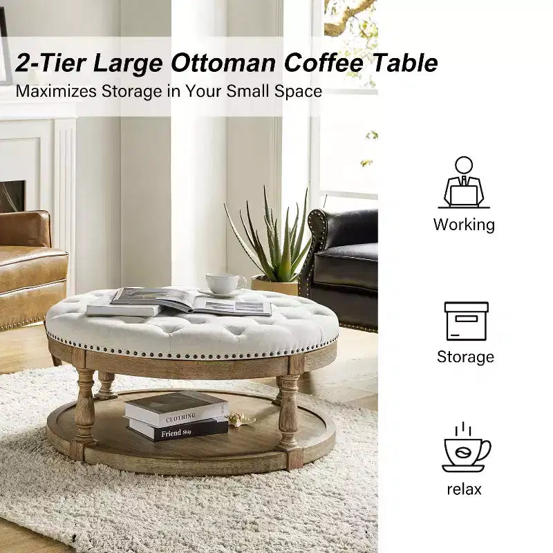 Illyria 36 Wide Transitional Tufted Round Cocktail Ottoman with Storage and Nailhead Trims for Bedroom and Living Room| ART OF LIVING DESIGNS