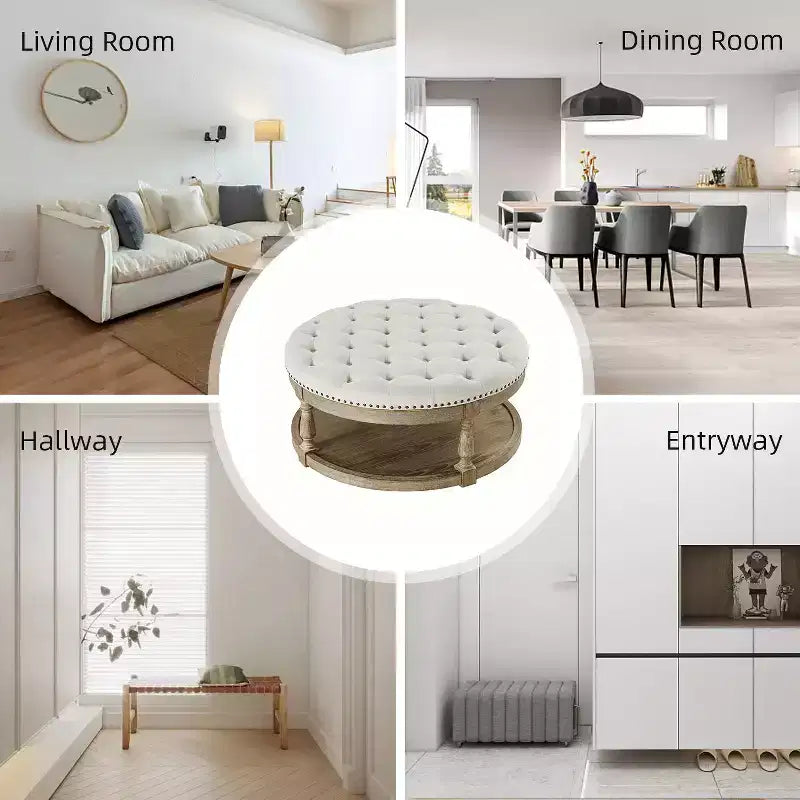 Illyria 36 Wide Transitional Tufted Round Cocktail Ottoman with Storage and Nailhead Trims for Bedroom and Living Room| ART OF LIVING DESIGNS