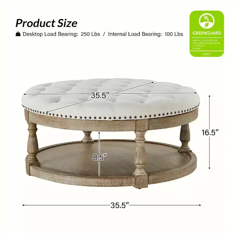 Illyria 36 Wide Transitional Tufted Round Cocktail Ottoman with Storage and Nailhead Trims for Bedroom and Living Room| ART OF LIVING DESIGNS