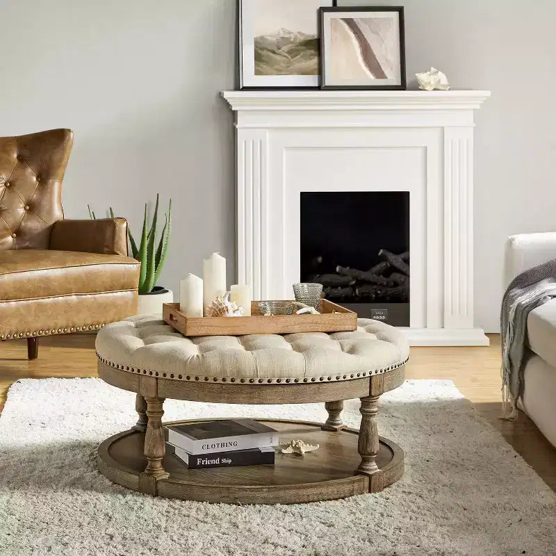 Illyria 36 Wide Transitional Tufted Round Cocktail Ottoman with Storage and Nailhead Trims for Bedroom and Living Room| ART OF LIVING DESIGNS