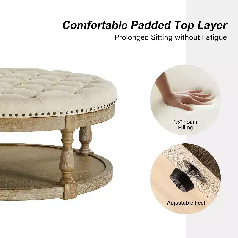Illyria 36 Wide Transitional Tufted Round Cocktail Ottoman with Storage and Nailhead Trims for Bedroom and Living Room| ART OF LIVING DESIGNS