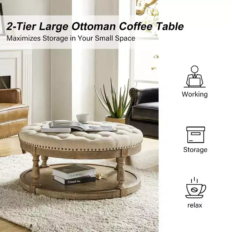 Illyria 36 Wide Transitional Tufted Round Cocktail Ottoman with Storage and Nailhead Trims for Bedroom and Living Room| ART OF LIVING DESIGNS