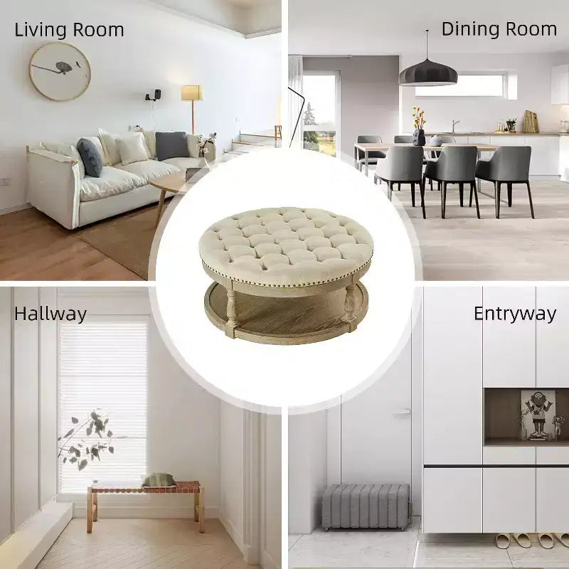 Illyria 36 Wide Transitional Tufted Round Cocktail Ottoman with Storage and Nailhead Trims for Bedroom and Living Room| ART OF LIVING DESIGNS