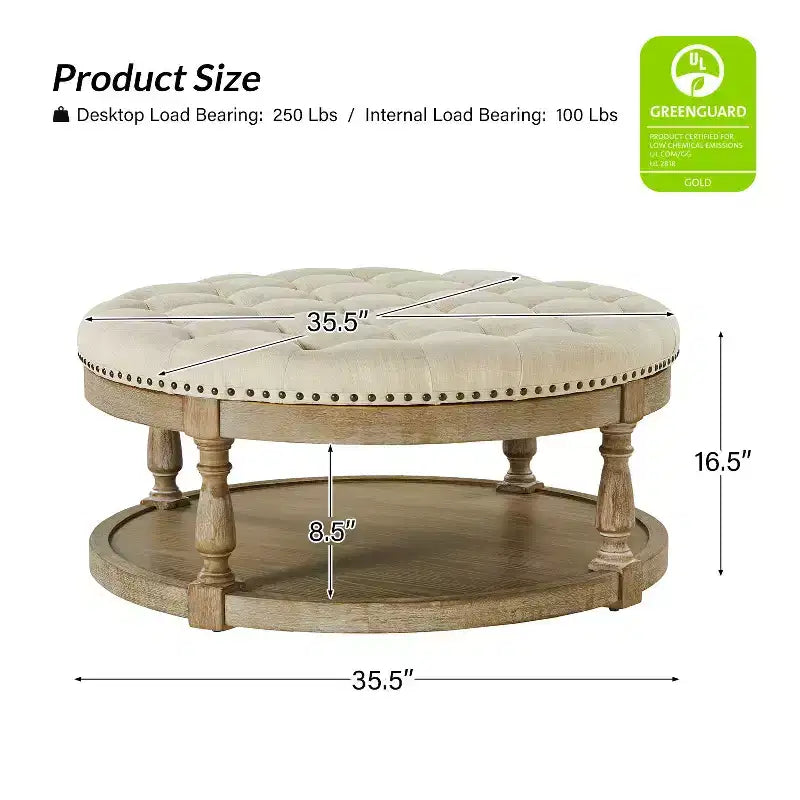 Illyria 36 Wide Transitional Tufted Round Cocktail Ottoman with Storage and Nailhead Trims for Bedroom and Living Room| ART OF LIVING DESIGNS