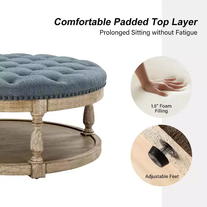 Illyria 36 Wide Transitional Tufted Round Cocktail Ottoman with Storage and Nailhead Trims for Bedroom and Living Room| ART OF LIVING DESIGNS