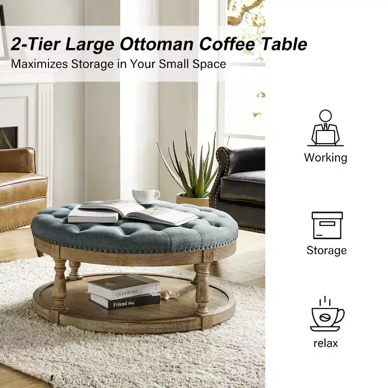 Illyria 36 Wide Transitional Tufted Round Cocktail Ottoman with Storage and Nailhead Trims for Bedroom and Living Room| ART OF LIVING DESIGNS