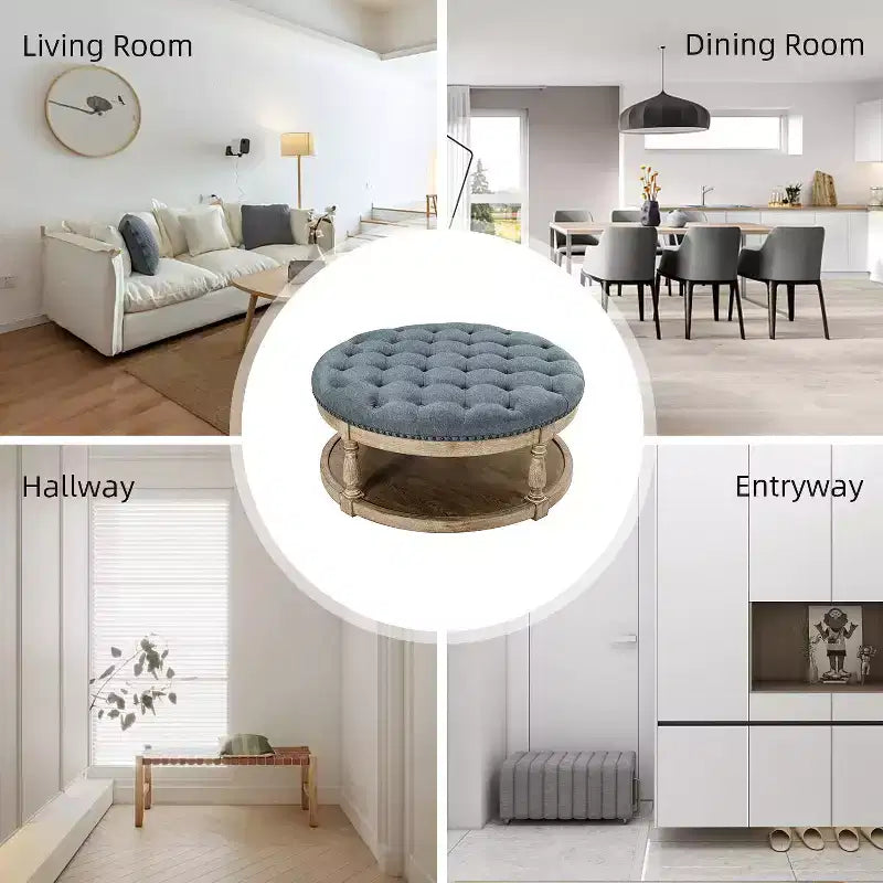 Illyria 36 Wide Transitional Tufted Round Cocktail Ottoman with Storage and Nailhead Trims for Bedroom and Living Room| ART OF LIVING DESIGNS
