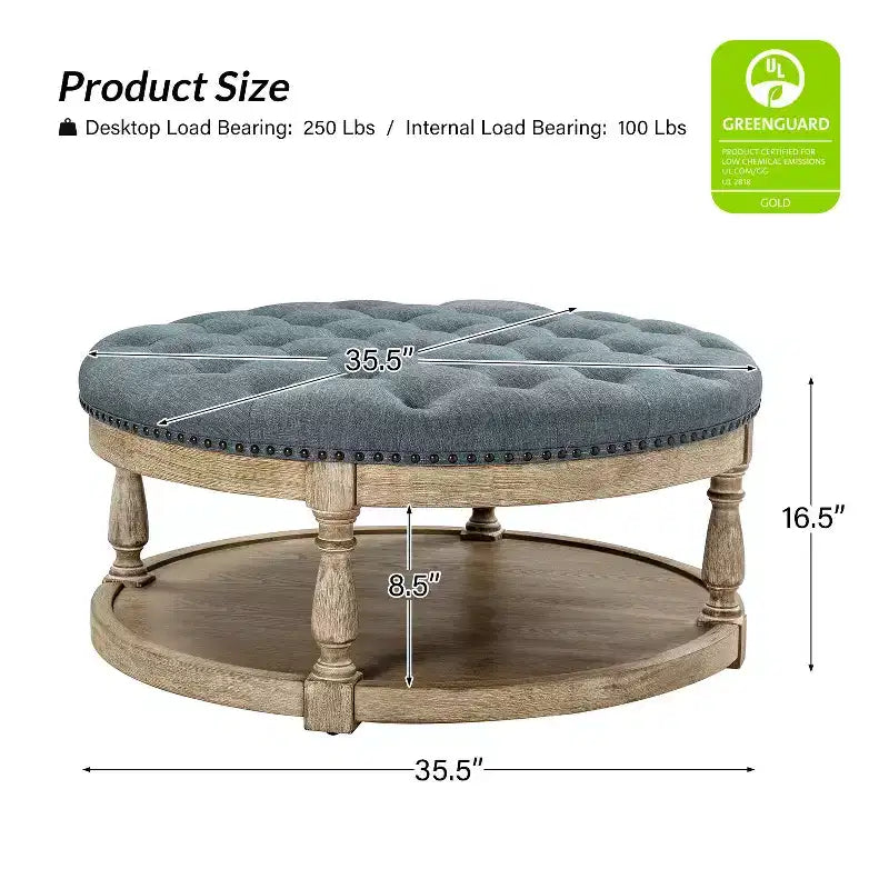 Illyria 36 Wide Transitional Tufted Round Cocktail Ottoman with Storage and Nailhead Trims for Bedroom and Living Room| ART OF LIVING DESIGNS
