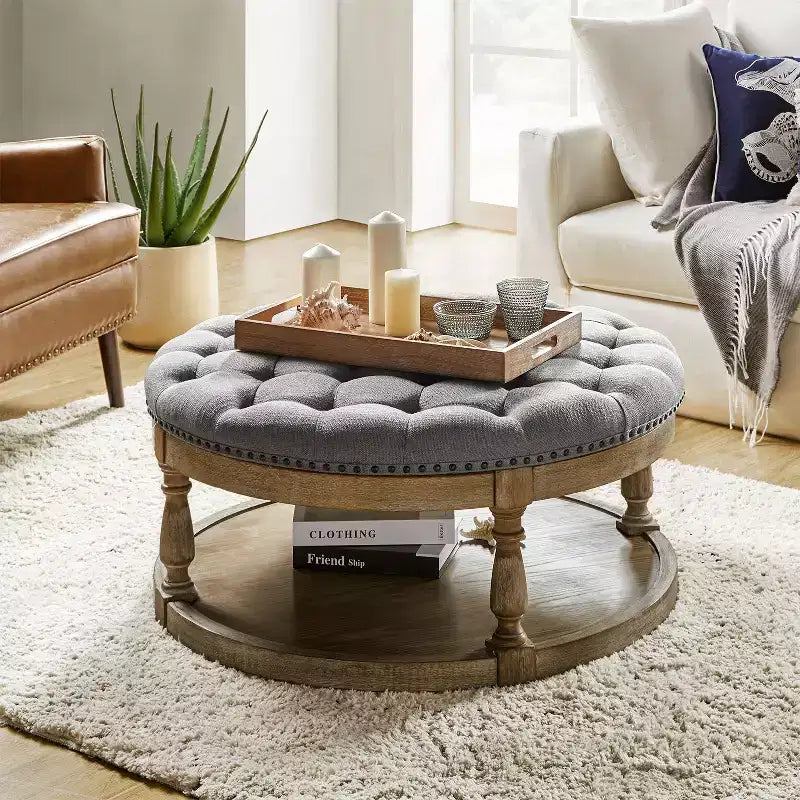 Illyria 36 Wide Transitional Tufted Round Cocktail Ottoman with Storage and Nailhead Trims for Bedroom and Living Room| ART OF LIVING DESIGNS