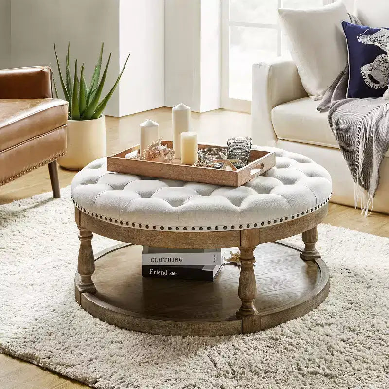 Illyria 36 Wide Transitional Tufted Round Cocktail Ottoman with Storage and Nailhead Trims for Bedroom and Living Room| ART OF LIVING DESIGNS