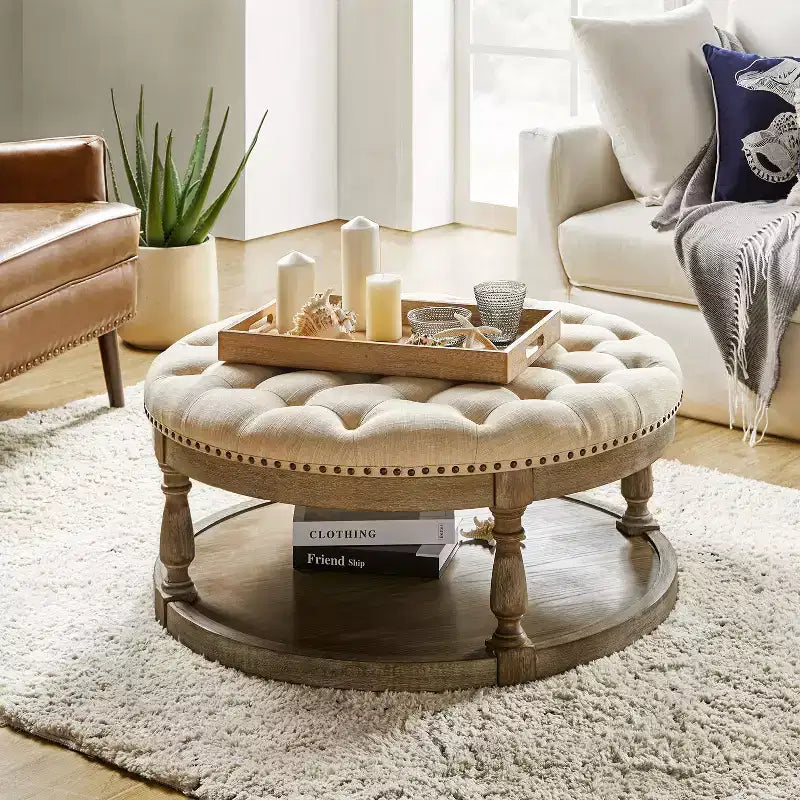 Illyria 36 Wide Transitional Tufted Round Cocktail Ottoman with Storage and Nailhead Trims for Bedroom and Living Room| ART OF LIVING DESIGNS