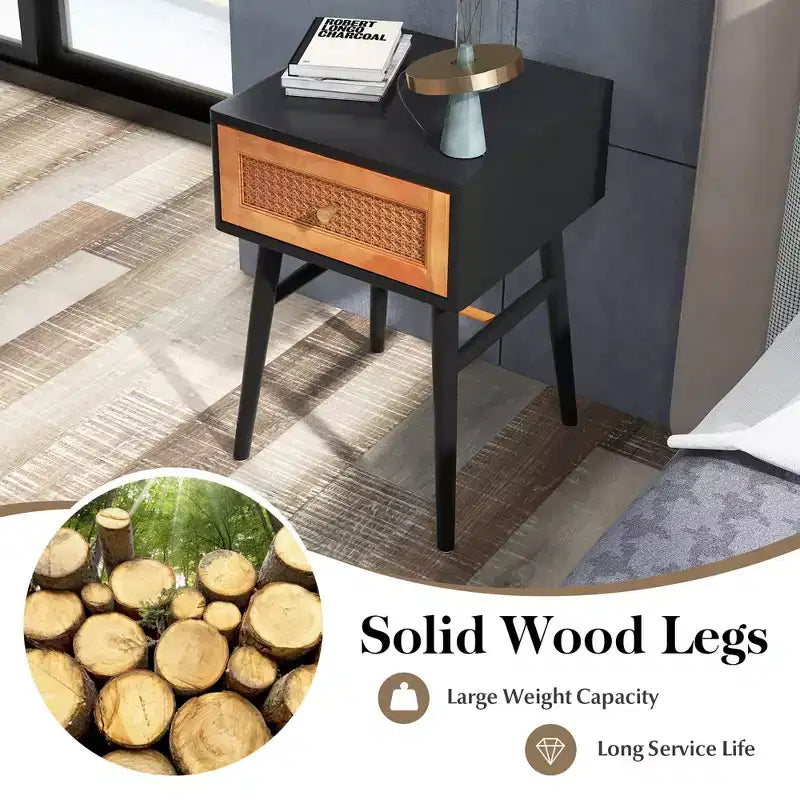 Costway Nightstand Modern Bedside End Table with Storage Drawer & Solid Wood Legs
