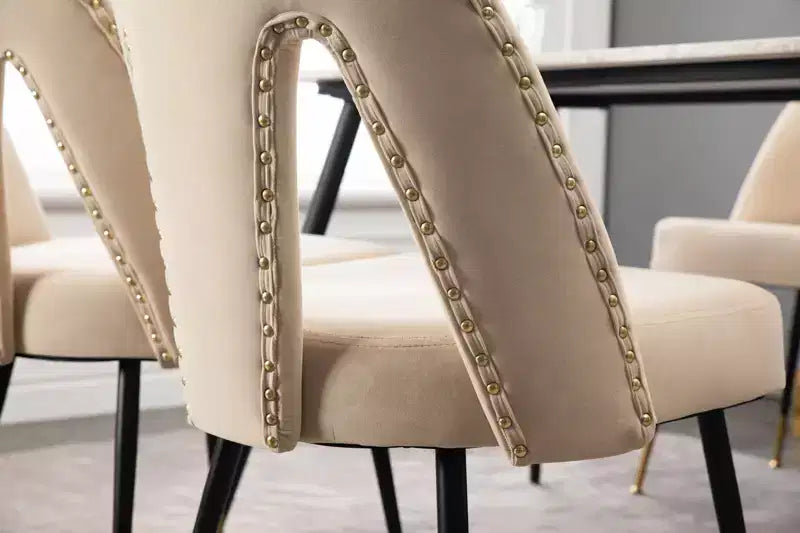 Set of 2 Modern Velvet Upholstered Dining Chair with Nailheads and Gold Tipped Black Metal Legs-ModernLuxe