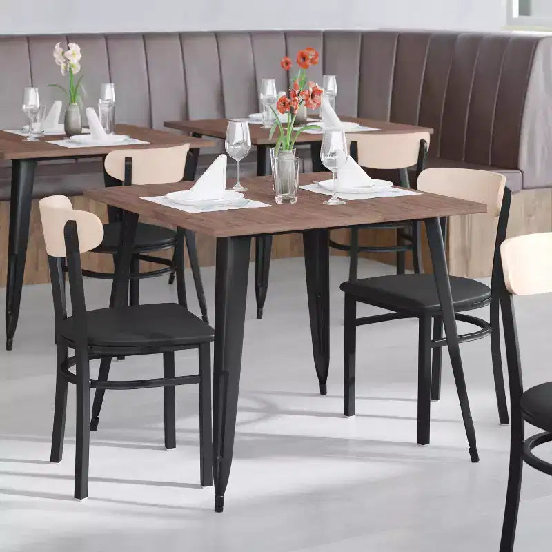 Emma and Oliver Industrial Dining Chair with Rolled Steel Frame and Solid Wood Seat - 500 lbs. Static Weight Capacity