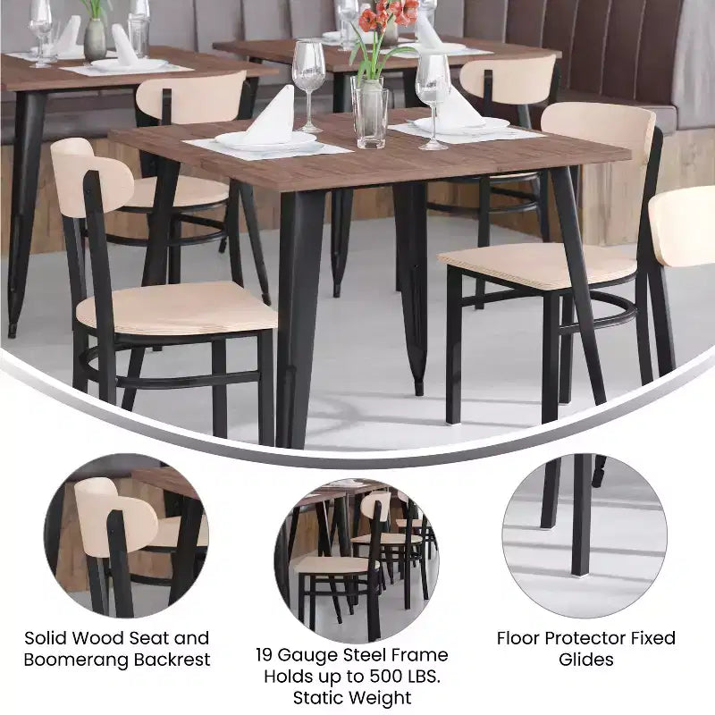 Emma and Oliver Industrial Dining Chair with Rolled Steel Frame and Solid Wood Seat - 500 lbs. Static Weight Capacity