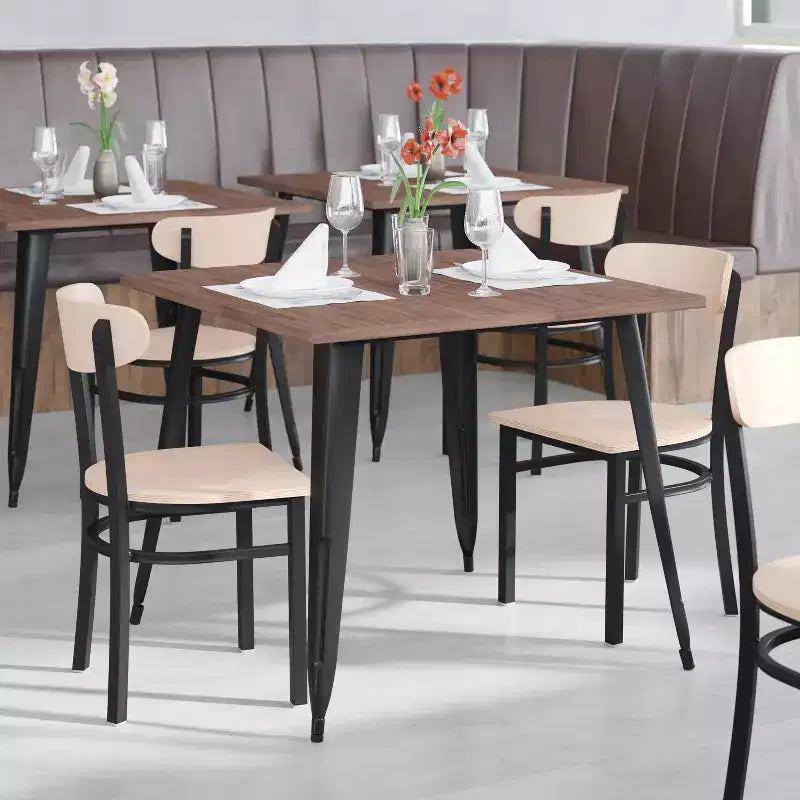Emma and Oliver Industrial Dining Chair with Rolled Steel Frame and Solid Wood Seat - 500 lbs. Static Weight Capacity