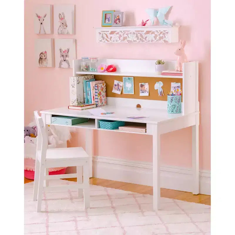 Martha Stewart Kids' Desk with Hutch and Chair Set - Kids Desk with Storage Shelf and Corkboard, Kids Bedroom Crafting Table for Boys and Girls