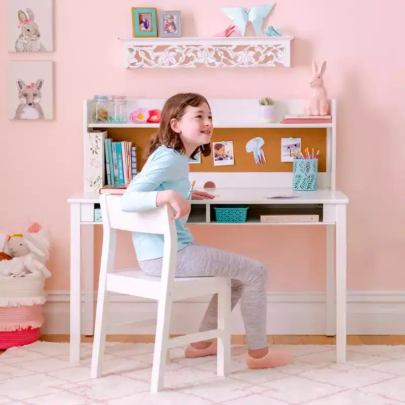 Martha Stewart Kids' Desk with Hutch and Chair Set - Kids Desk with Storage Shelf and Corkboard, Kids Bedroom Crafting Table for Boys and Girls