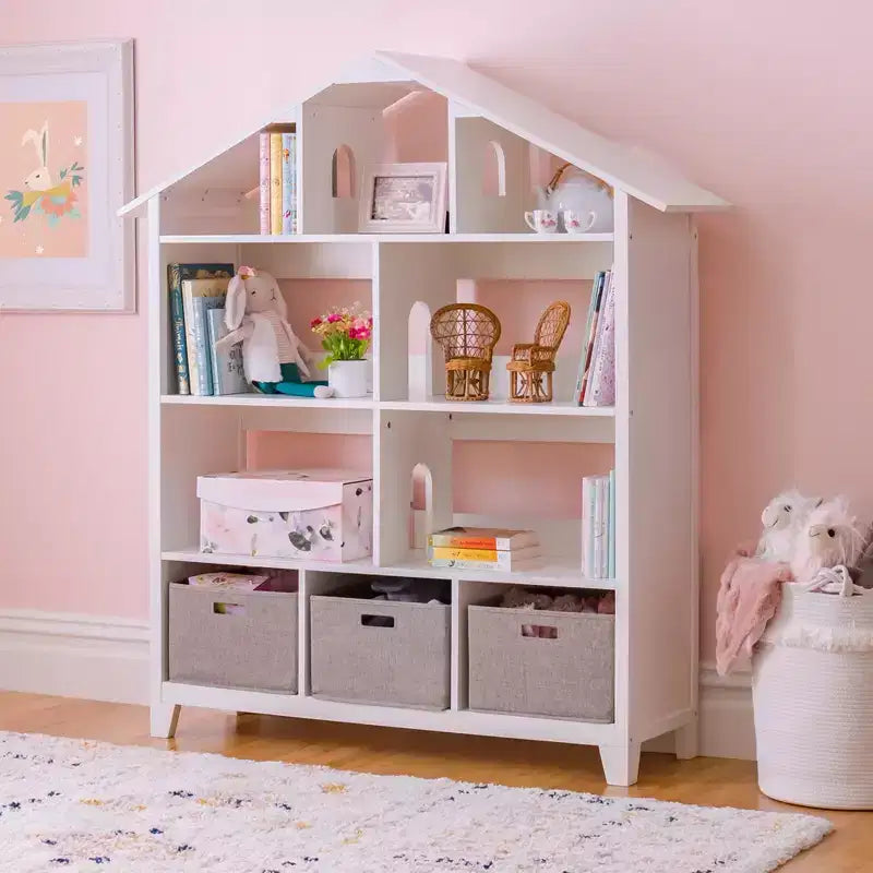 Martha Stewart Kids' Deluxe Dollhouse Bookshelf: Children's Wooden Bedroom Bookcase and Toy Organizer with Storage Bins