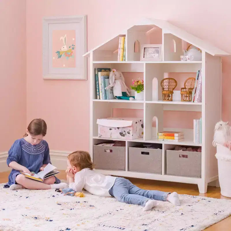 Martha Stewart Kids' Deluxe Dollhouse Bookshelf: Children's Wooden Bedroom Bookcase and Toy Organizer with Storage Bins