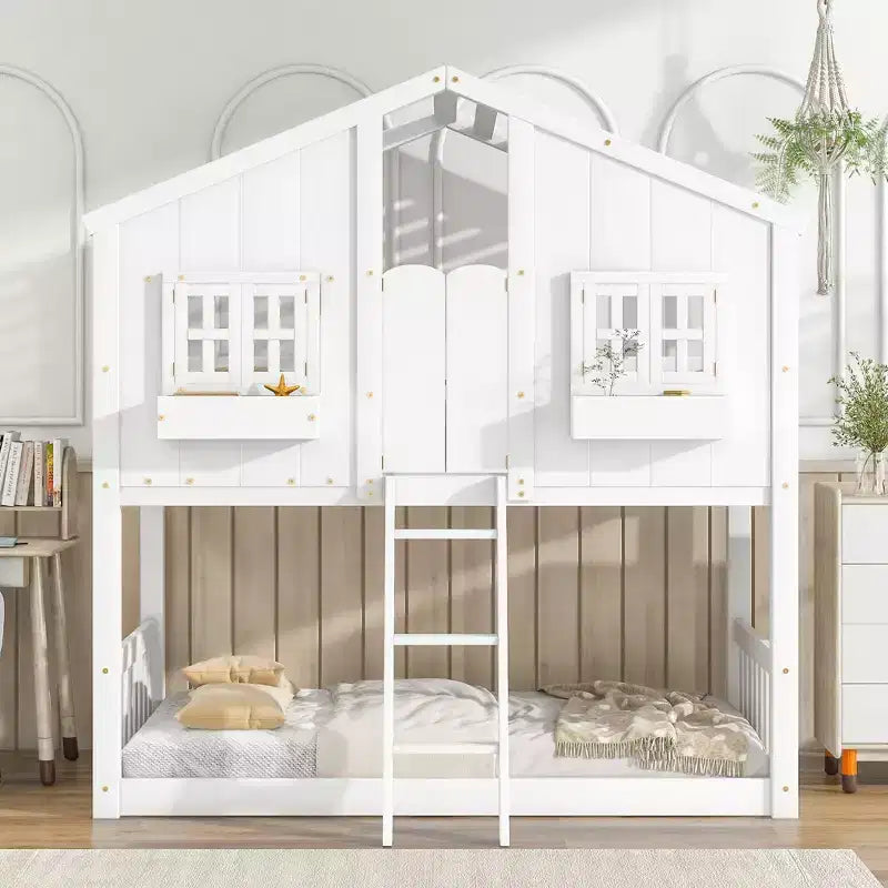 Twin over Twin Wood House Bunk Bed with Roof , Window, Safety Guardrails and Ladder-ModernLuxe