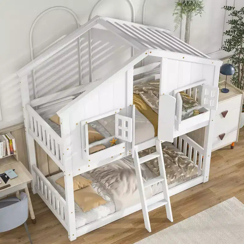 Twin over Twin Wood House Bunk Bed with Roof , Window, Safety Guardrails and Ladder-ModernLuxe