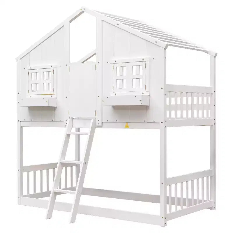 Twin over Twin Wood House Bunk Bed with Roof , Window, Safety Guardrails and Ladder-ModernLuxe