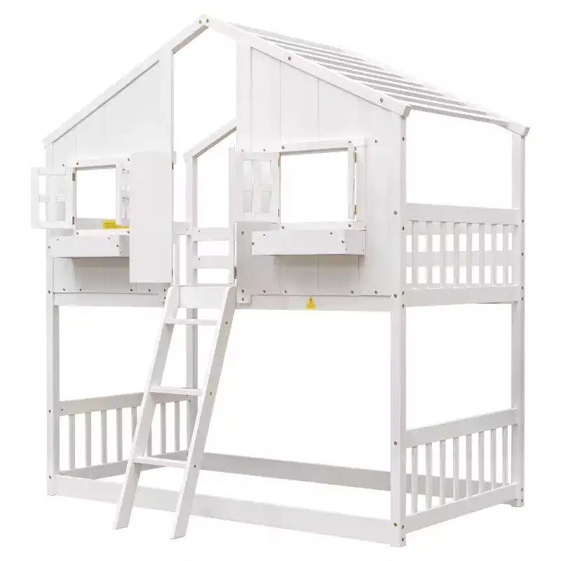 Twin over Twin Wood House Bunk Bed with Roof , Window, Safety Guardrails and Ladder-ModernLuxe