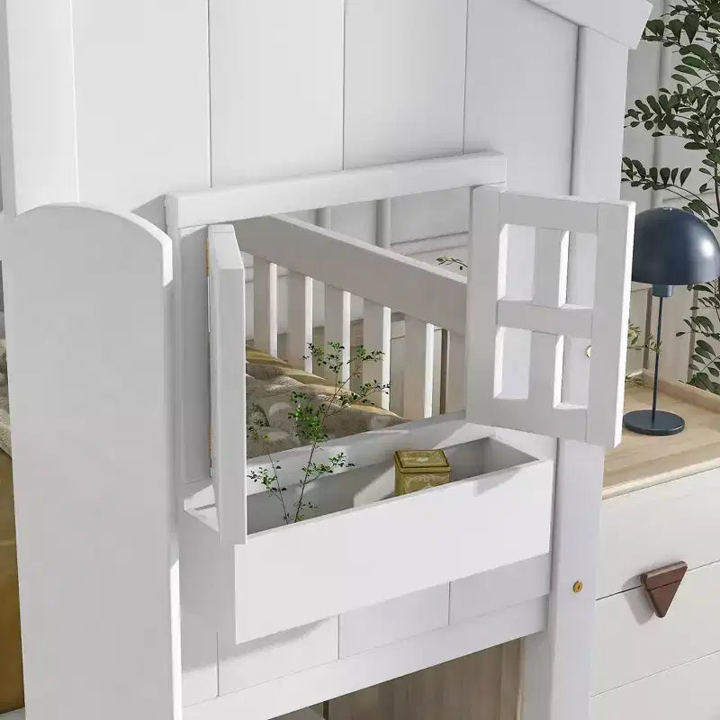 Twin over Twin Wood House Bunk Bed with Roof , Window, Safety Guardrails and Ladder-ModernLuxe