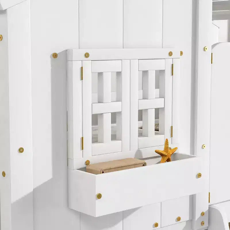 Twin over Twin Wood House Bunk Bed with Roof , Window, Safety Guardrails and Ladder-ModernLuxe