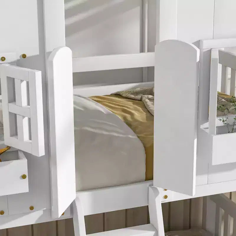 Twin over Twin Wood House Bunk Bed with Roof , Window, Safety Guardrails and Ladder-ModernLuxe